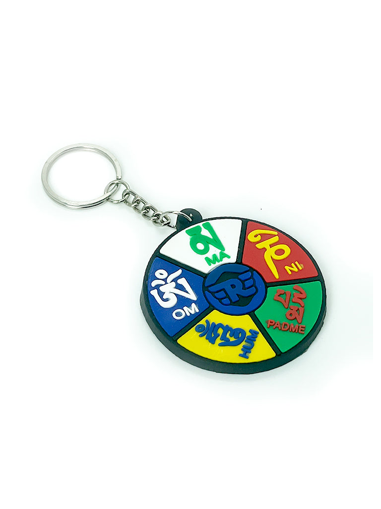 Om Mani Padme Hum round mantra keychain front view with dimensions