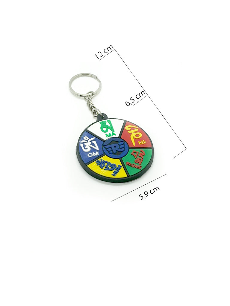 Om Mani Padme Hum round mantra keychain angled view