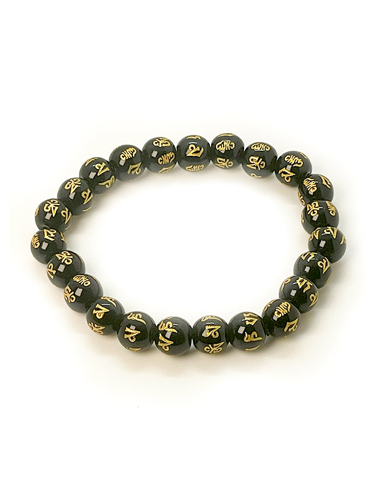 Black Om Mani Padme Hum glass bead bracelet close-up