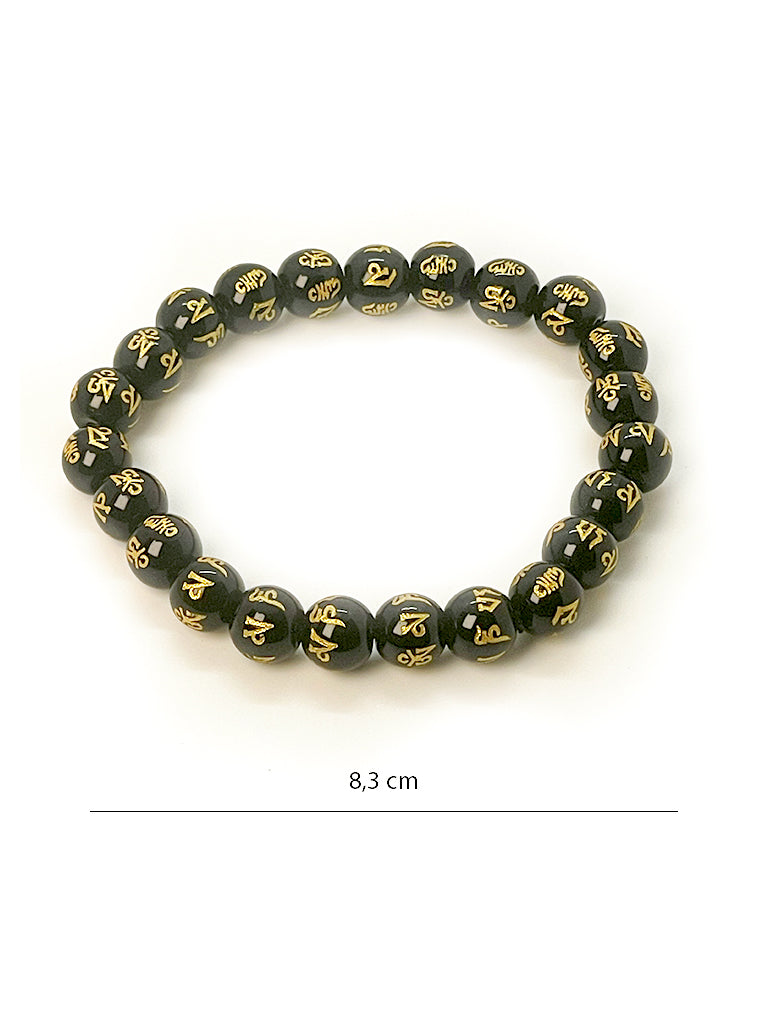 Black Om Mani Padme Hum glass bead bracelet angled view