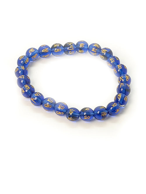 Blue Om Mani Padme Hum glass bead bracelet with dimensions