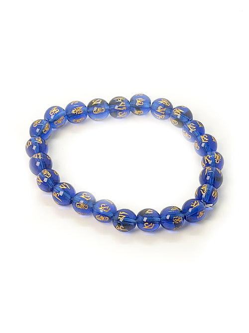 Blue Om Mani Padme Hum glass bead bracelet close-up