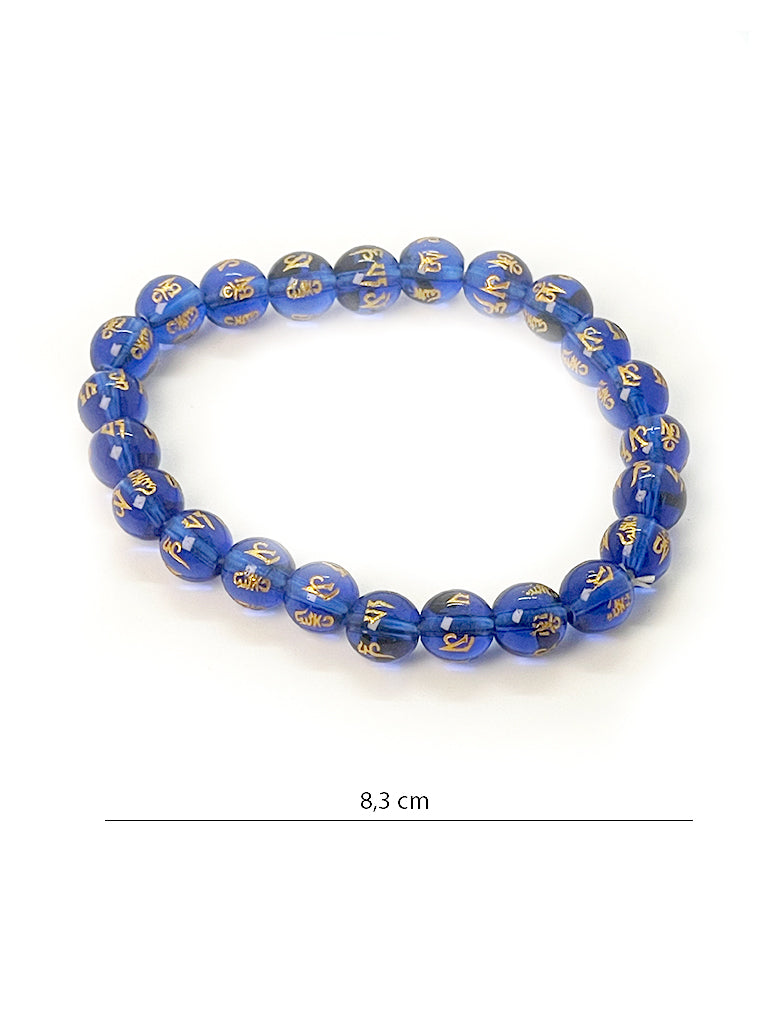 Blue Om Mani Padme Hum glass bead bracelet angled view