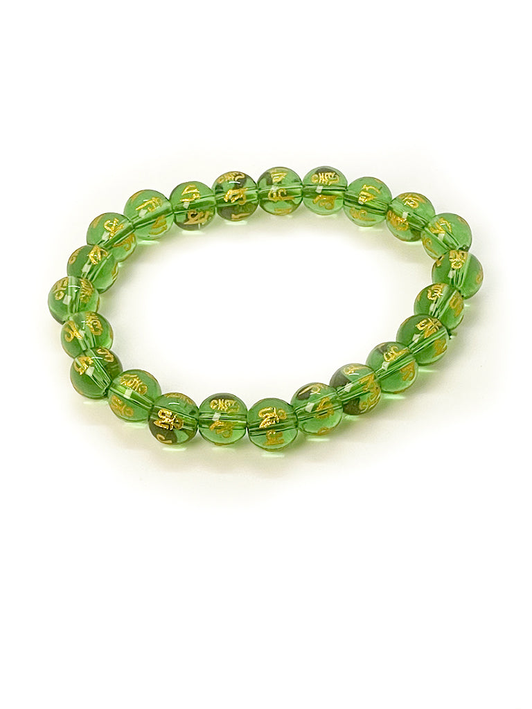 Green Om Mani Padme Hum glass bead bracelet with dimensions