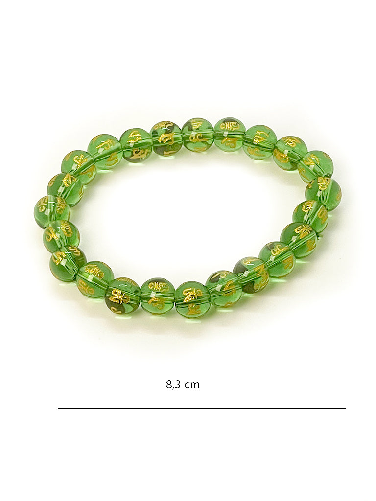 Green Om Mani Padme Hum glass bead bracelet angled view