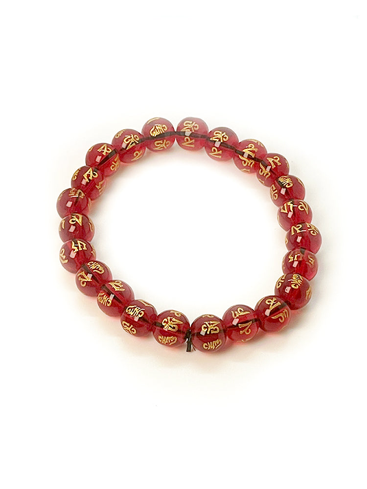 Red Om Mani Padme Hum glass bead bracelet